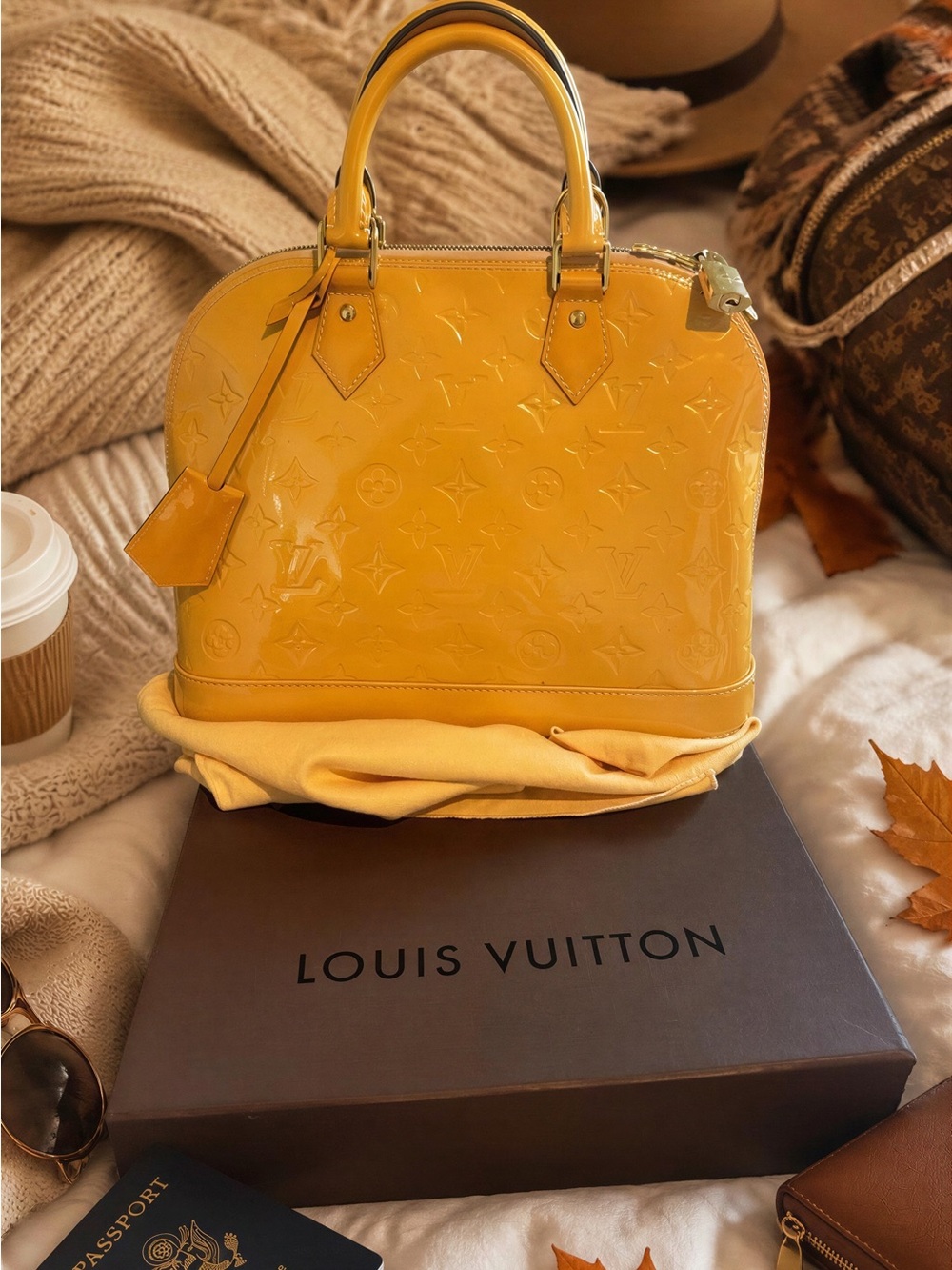 Louis Vuitton Yellow Vernis Alma Satchel with dust bag and box in mint condition